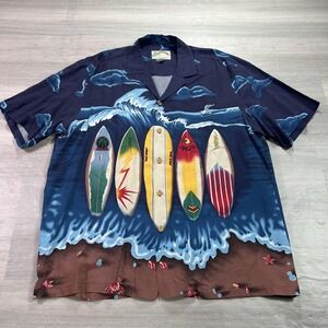 VINTAGE Paradise Found Shirt Mens Large Blue Surfboard Hawaiian Aloha Button Up
